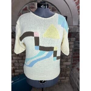 sweater vintage 1980s pastel geometric blue yellow pink